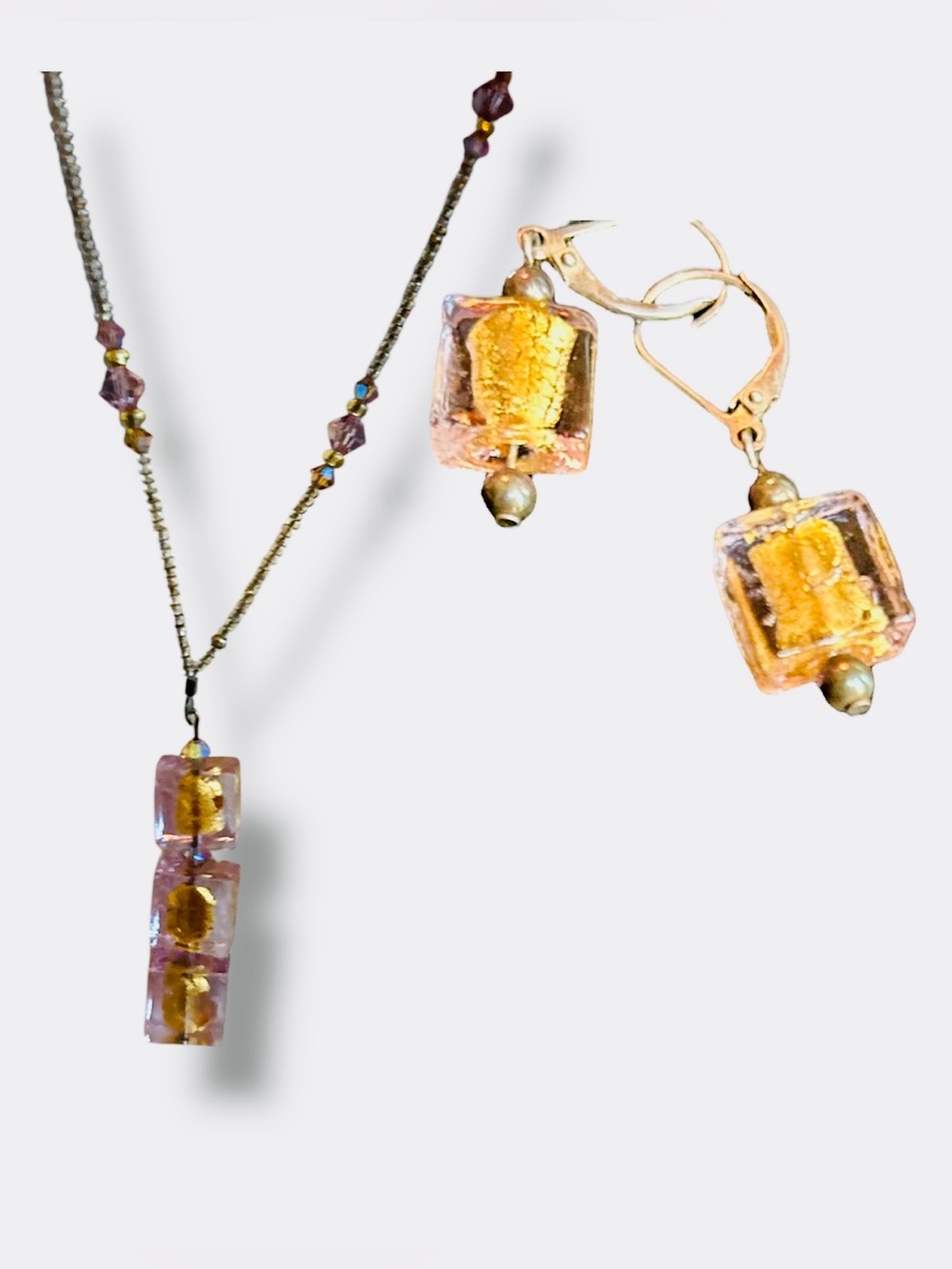 Gold and Pink Beaded Pendant Necklace & Earrings Set